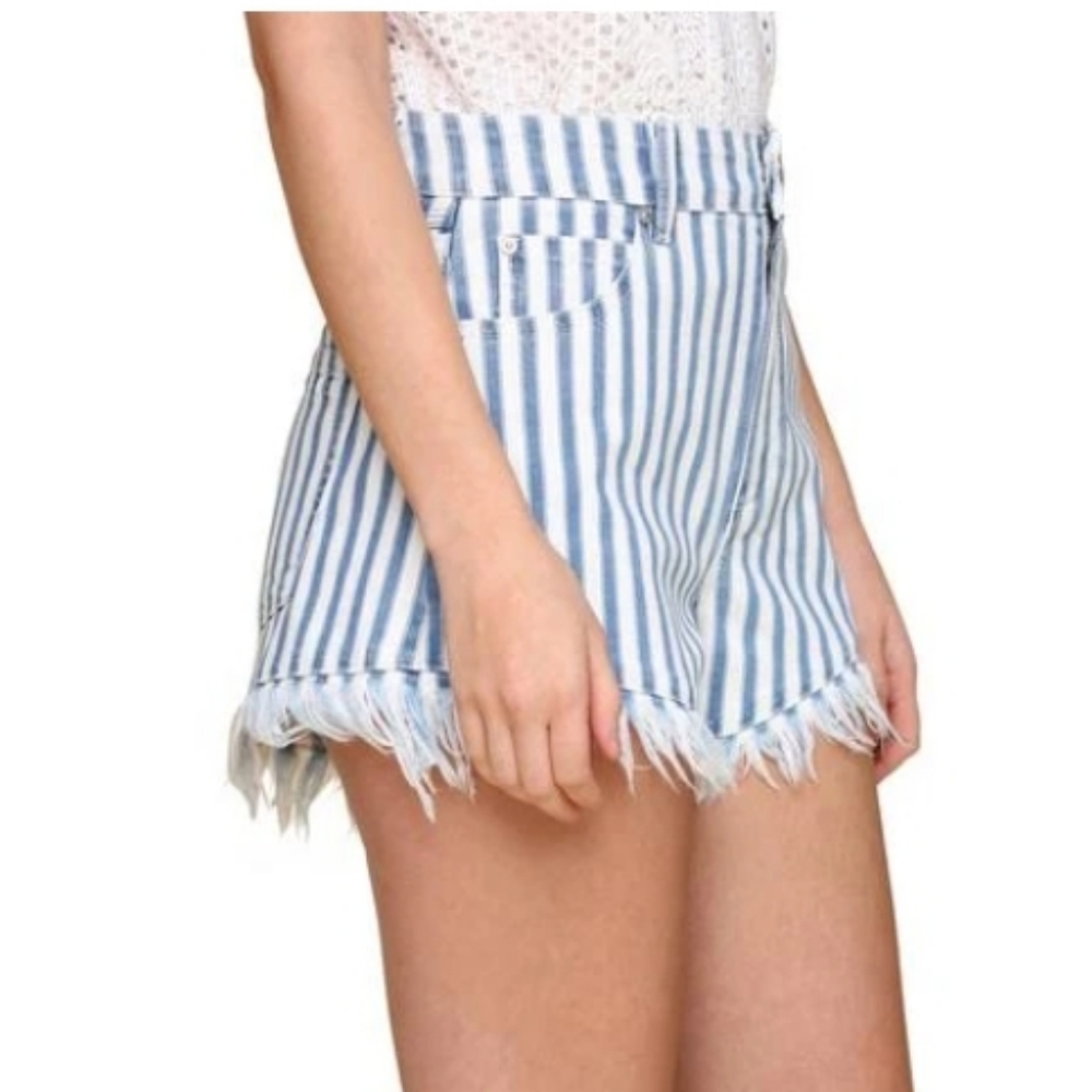 Aves Les Filles Blue White Striped Denim Jean Shorts With Fray...Size 26